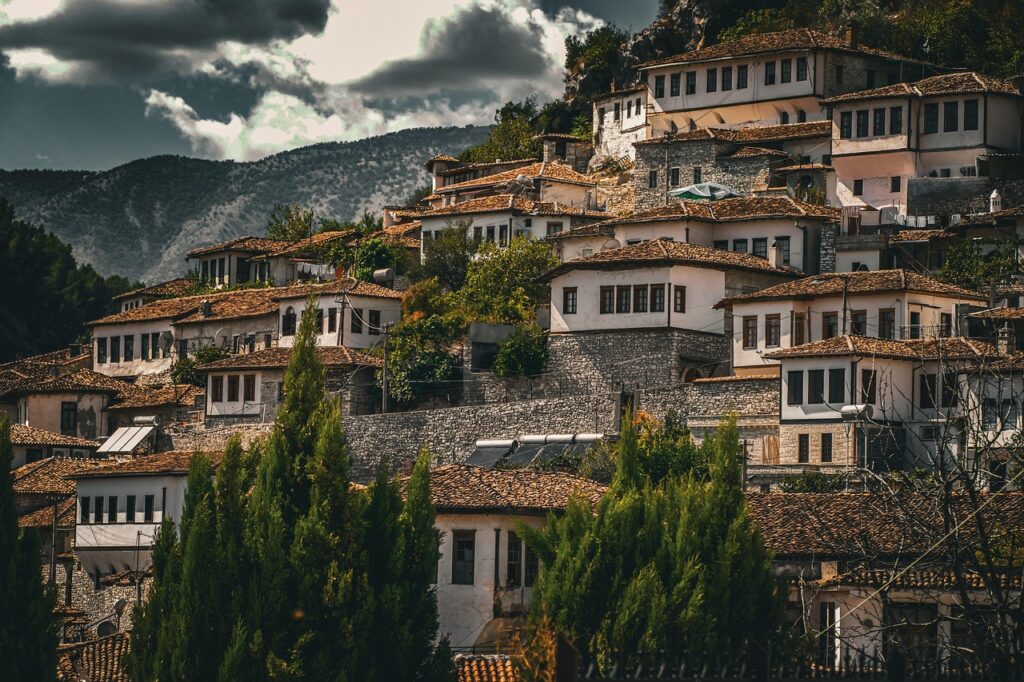 architecture, city, sky, sunset, peace, albania, nature, europe, travel, berat, summer