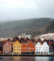 Charming traditional wooden houses in Bergen, Norway by the waterfront.